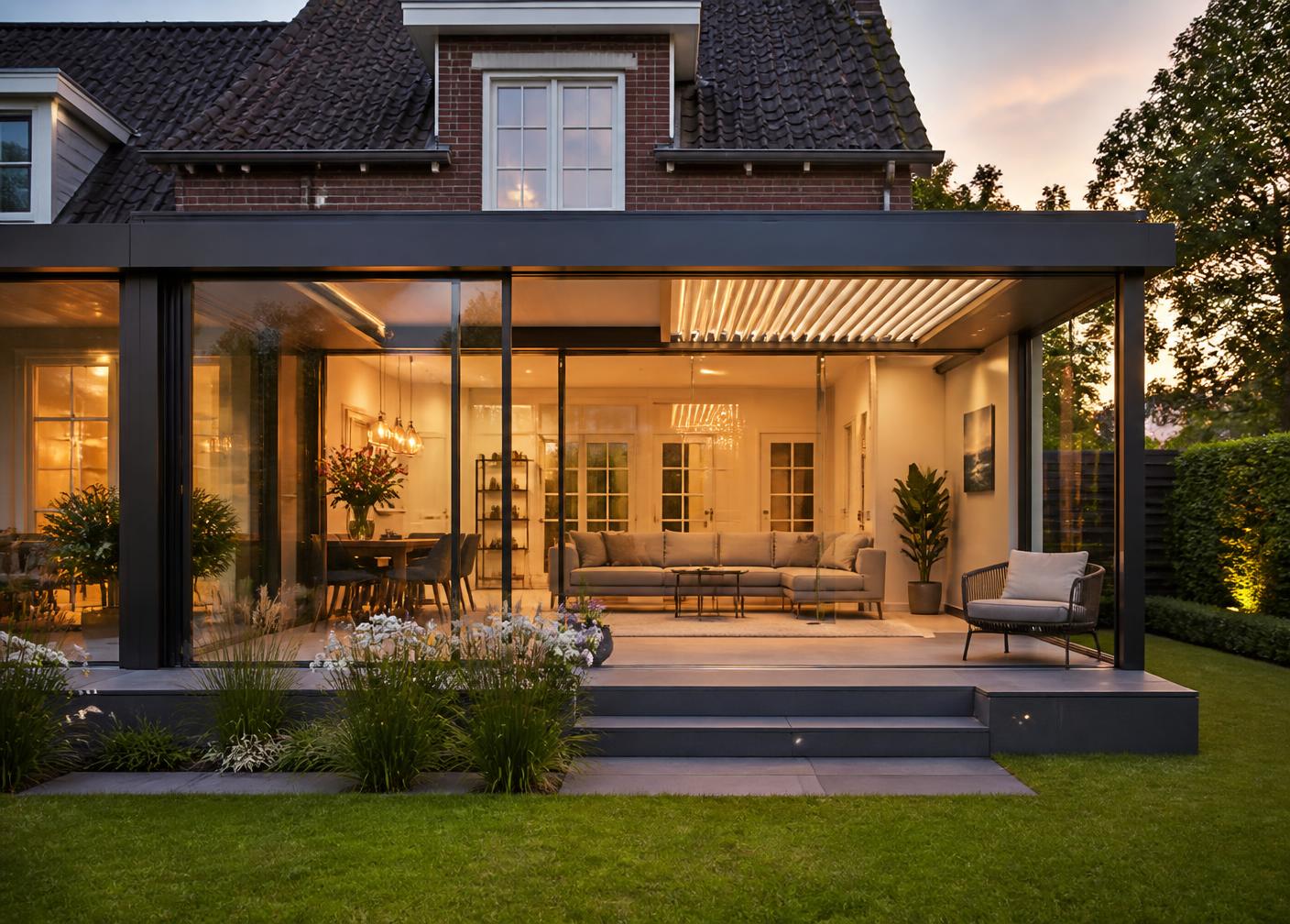 Aluminium veranda met glazen wanden in de avondzon